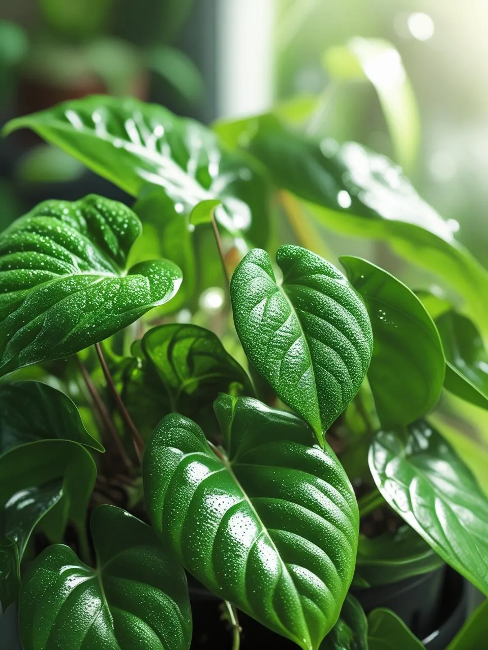 Close-up of vibrant healthy green leaves on a houseplant after care