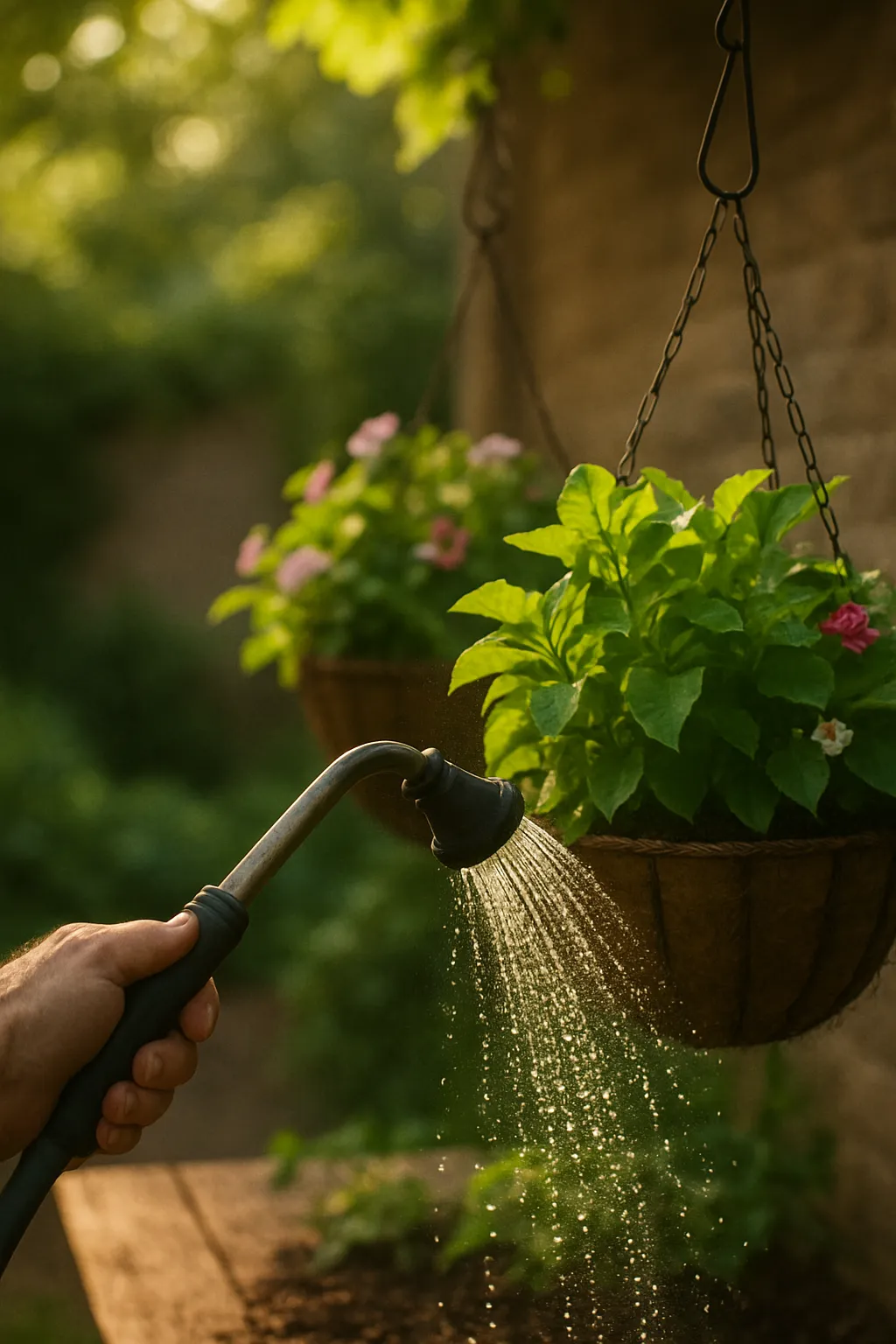 Close-up of a gardener holding a watering wand, watering hanging baskets with soft droplets in sunlight