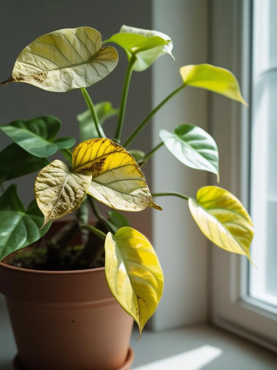 Close-up of a houseplant with a few yellowing leaves under soft natural indoor lighting
