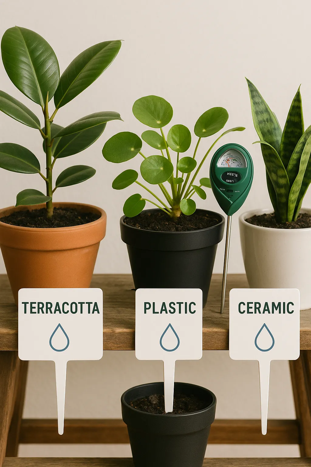 Close-up of different pot types (terracotta, plastic, ceramic) with plant labels and watering icons