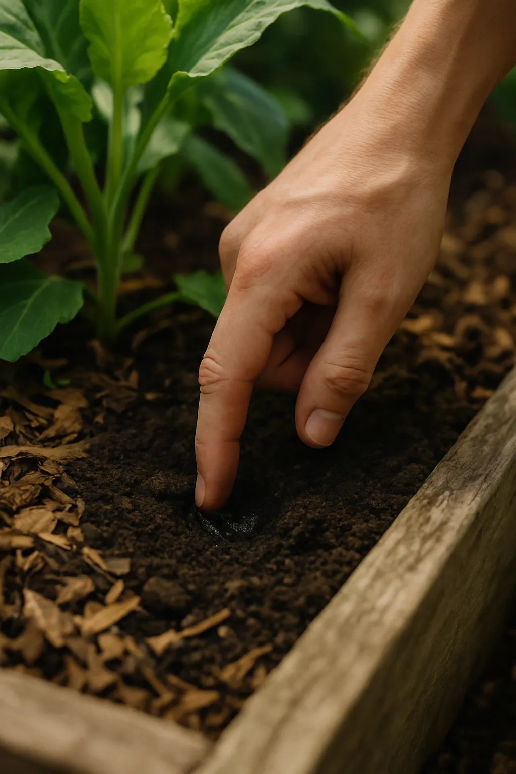 Close-up of soil moisture check with finger in a raised bed, mulch around plants