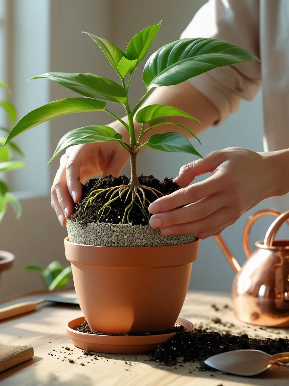 Hands repotting a rescued plant with fresh soil, showing proper drainage materials in the bottom of a new pot