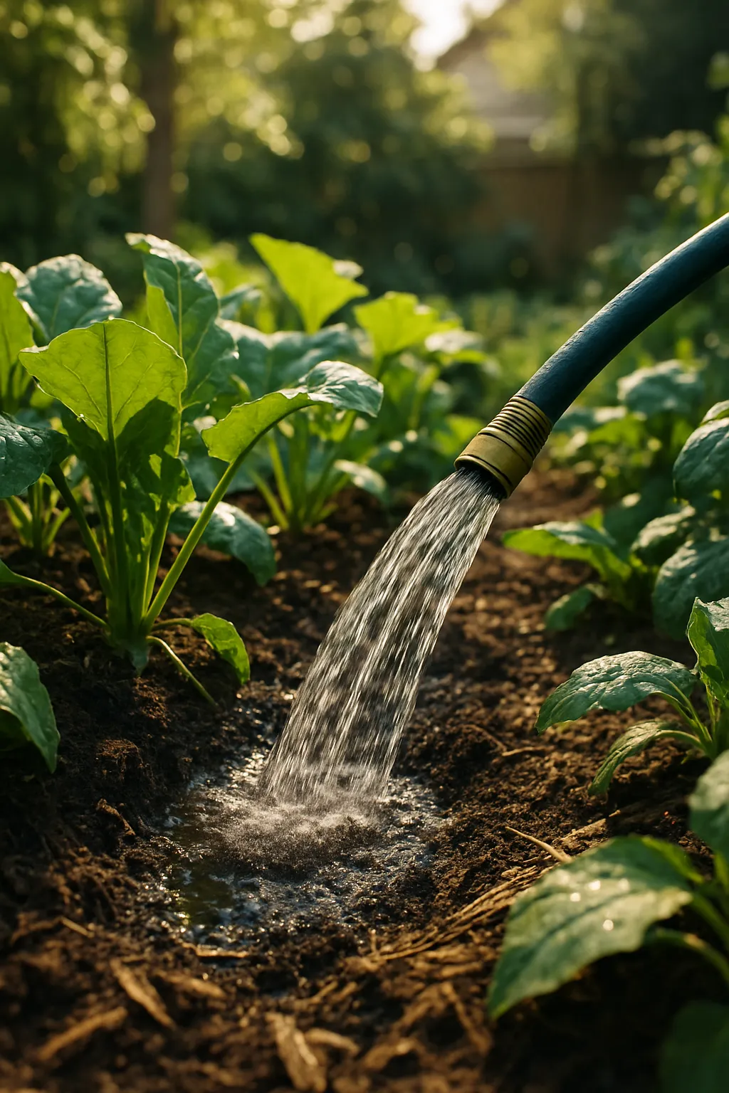 Garden hose watering soil at the base of vegetables with slow deep soak in a sunlit backyard garden
