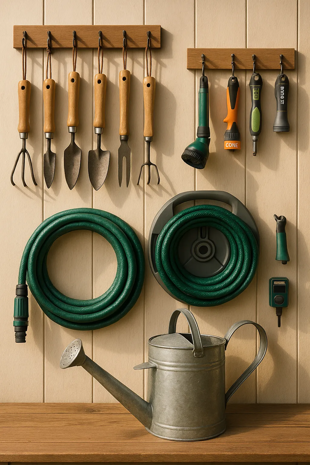 Gardening tools neatly stored on a wall with hose reel, watering can, and labeled spray attachments nearby