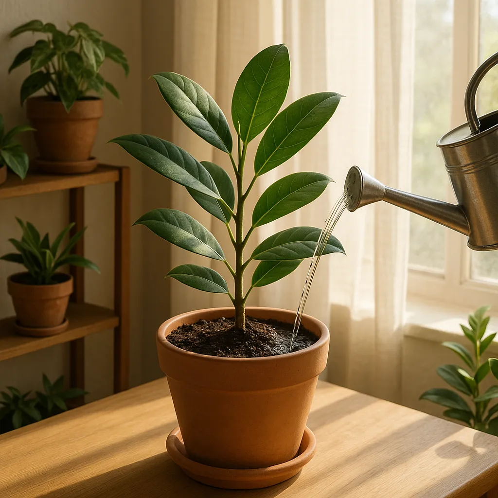 Indoor plant near a bright window being watered gently with a small metal watering can