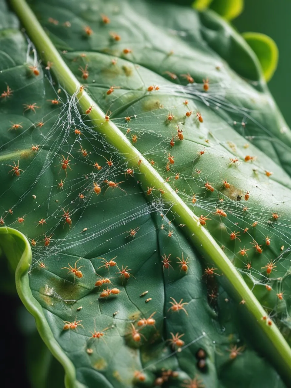 Macro shot of a spider mite infestation on a houseplant leaf
