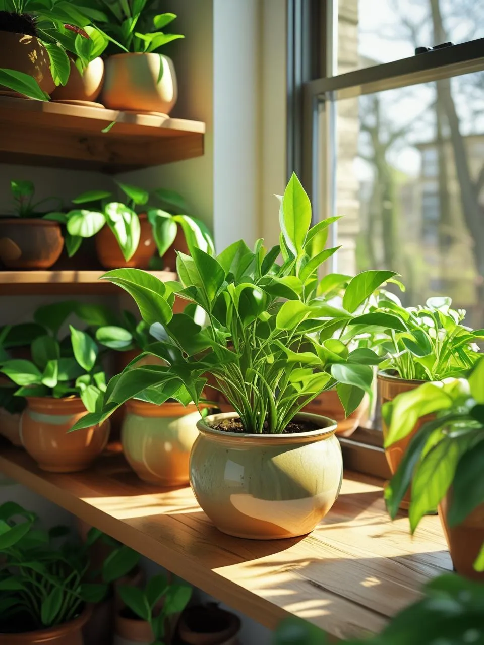 Healthy plant thriving on a shelf in indirect light, surrounded by other vibrant houseplants