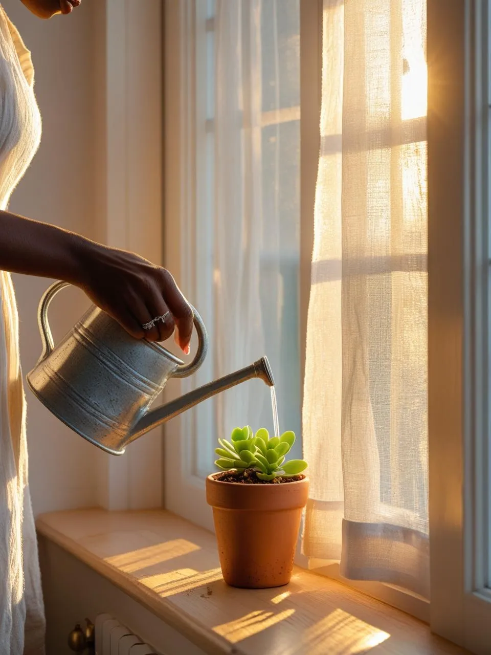 Person gently watering a small potted plant using a spout bottle, cozy windowsill scene