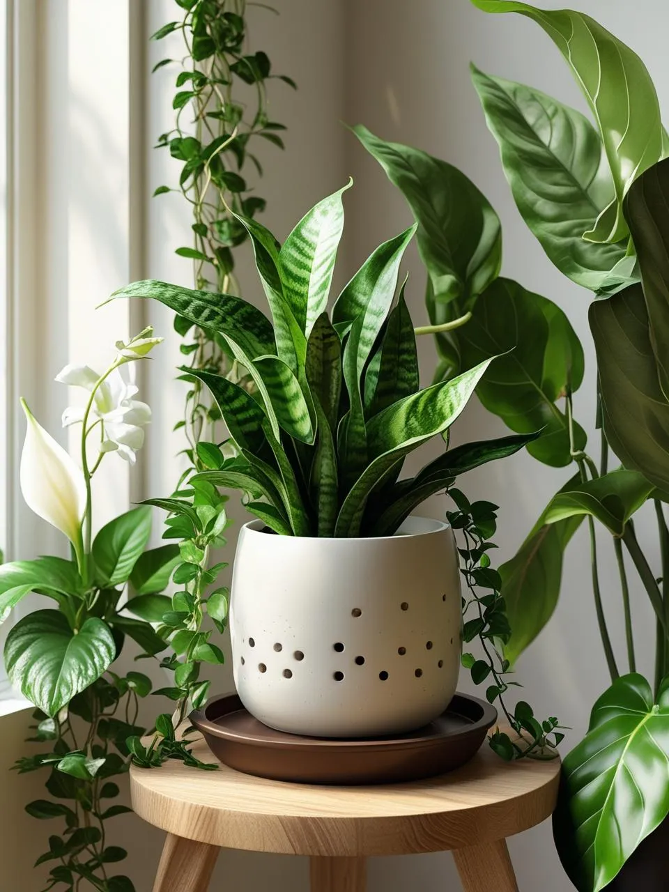 Healthy, thriving houseplant in a well-draining pot with visible drainage holes, surrounded by other flourishing plants