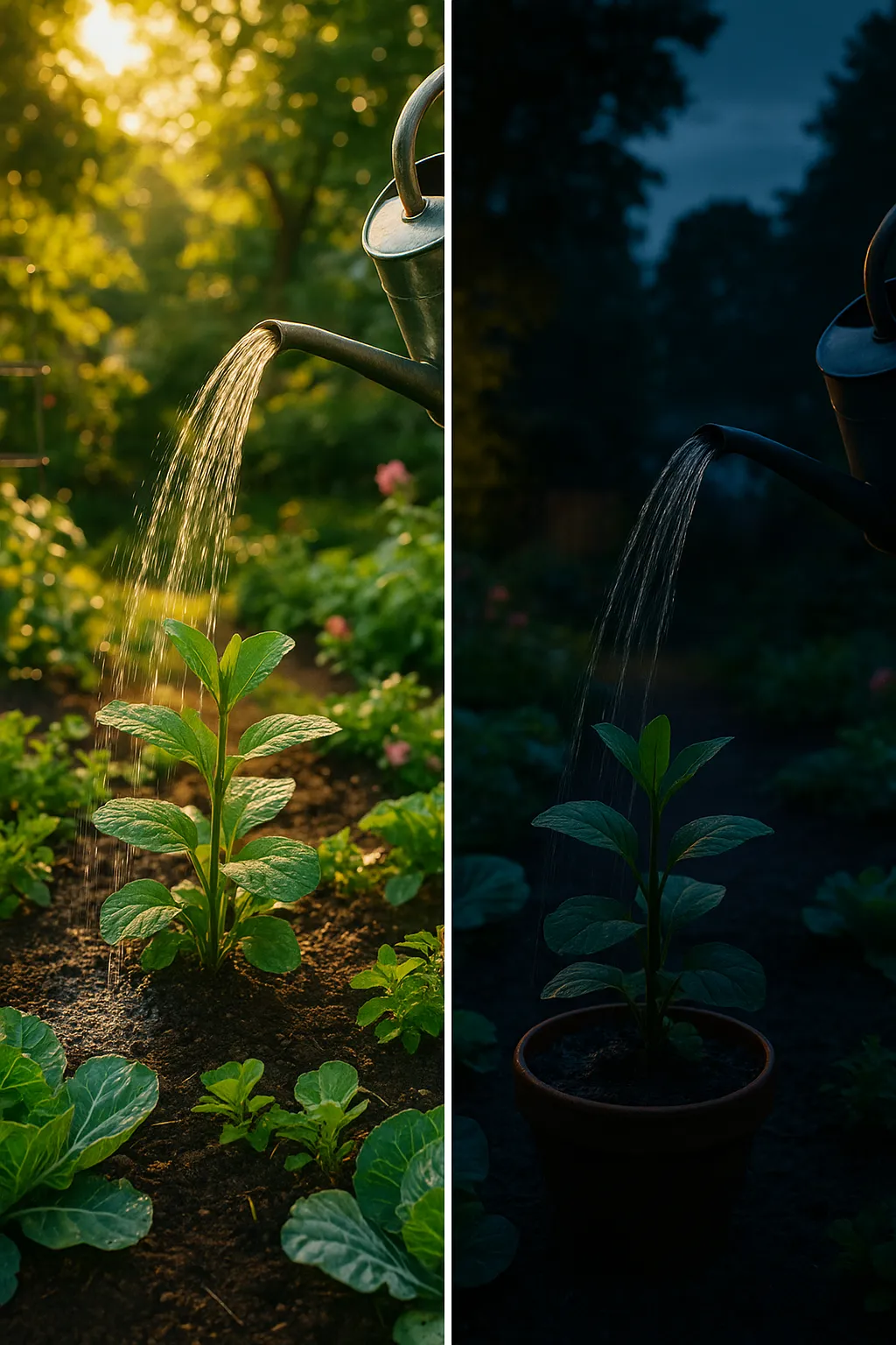Side-by-side comparison of garden being watered in early morning vs after sunset