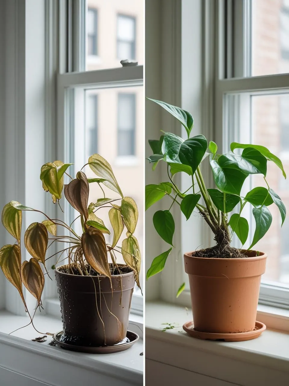 Indoor plant with drooping leaves next to a thriving plant of the same type, natural light background, comparison style