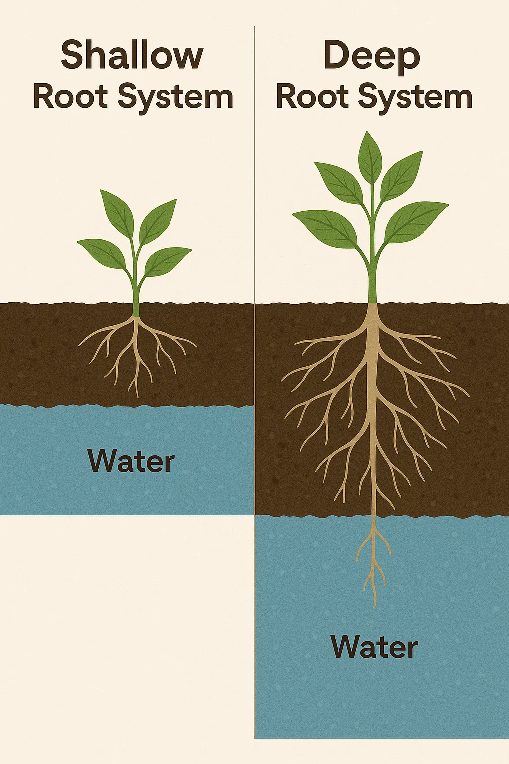 Split diagram showing shallow vs deep root systems with water levels in soil layers – labeled educational visual