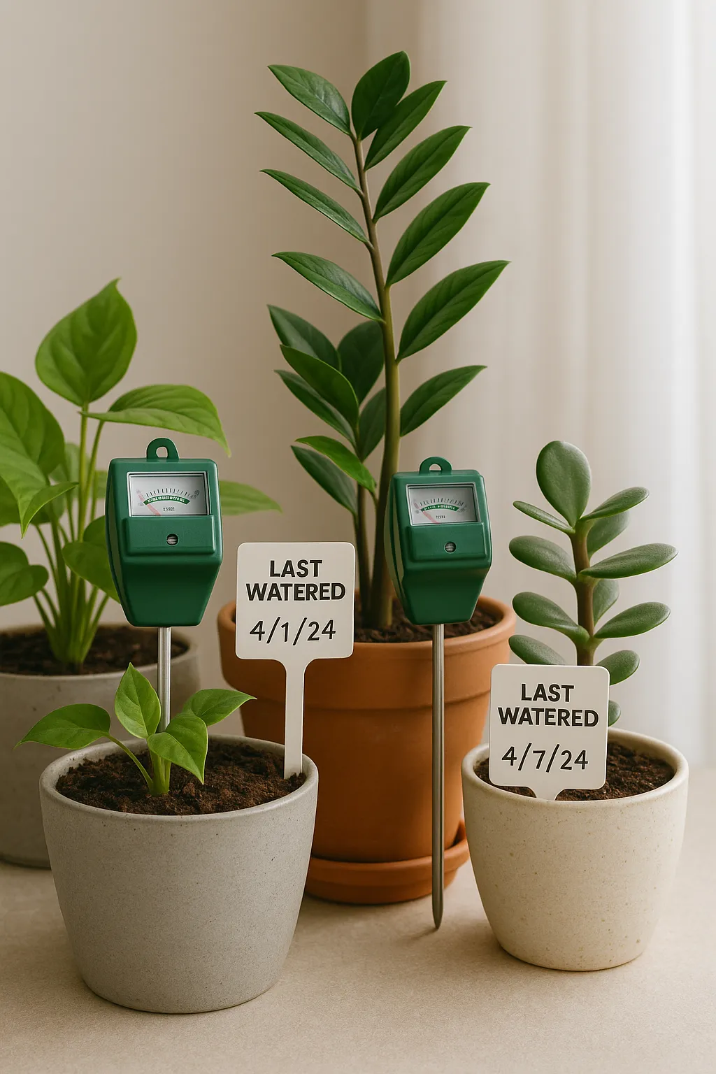 Three potted plants of varying sizes showing soil moisture meters and tags indicating last watered date