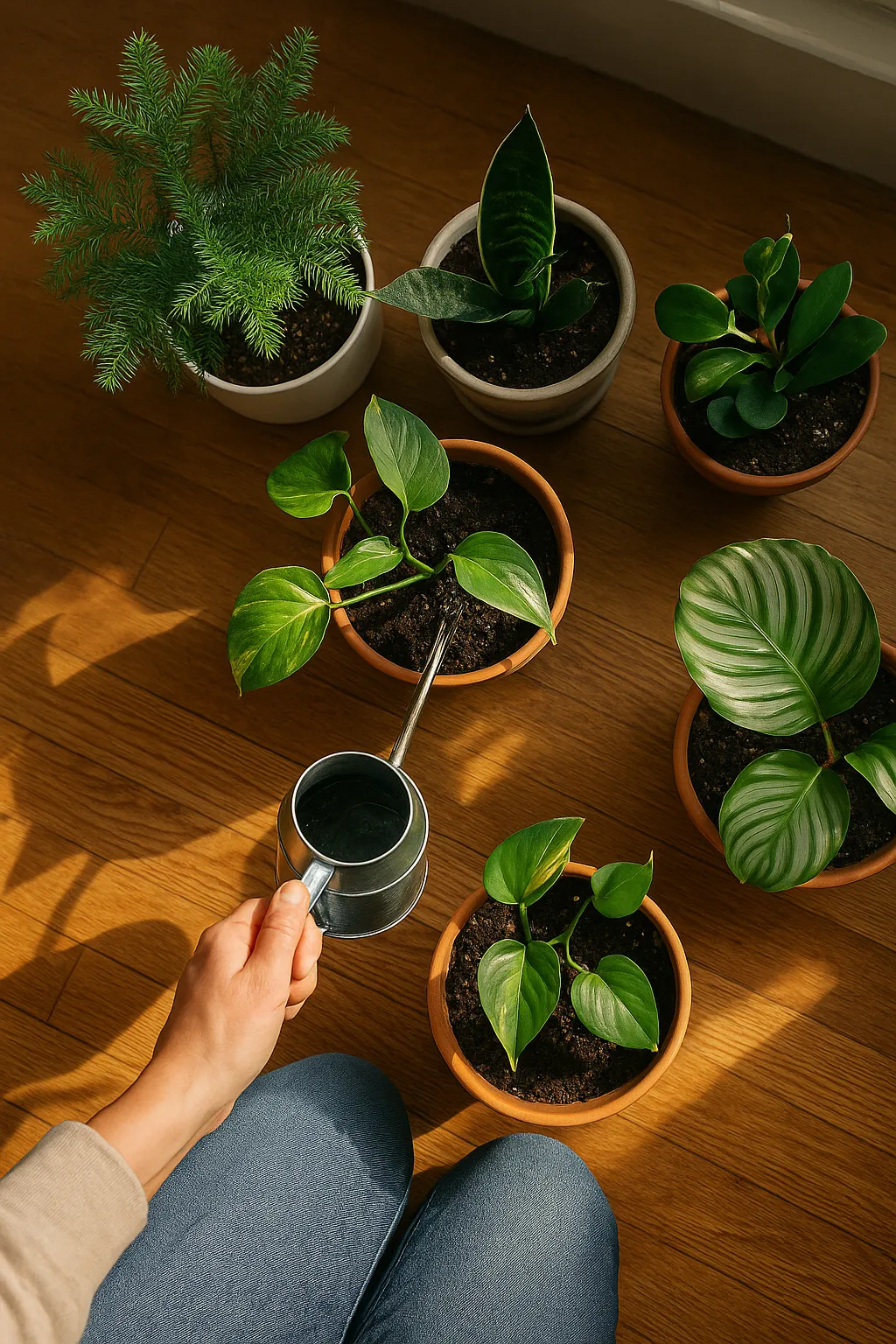 Top-down view of person watering a variety of indoor potted plants with sunlight streaming through window