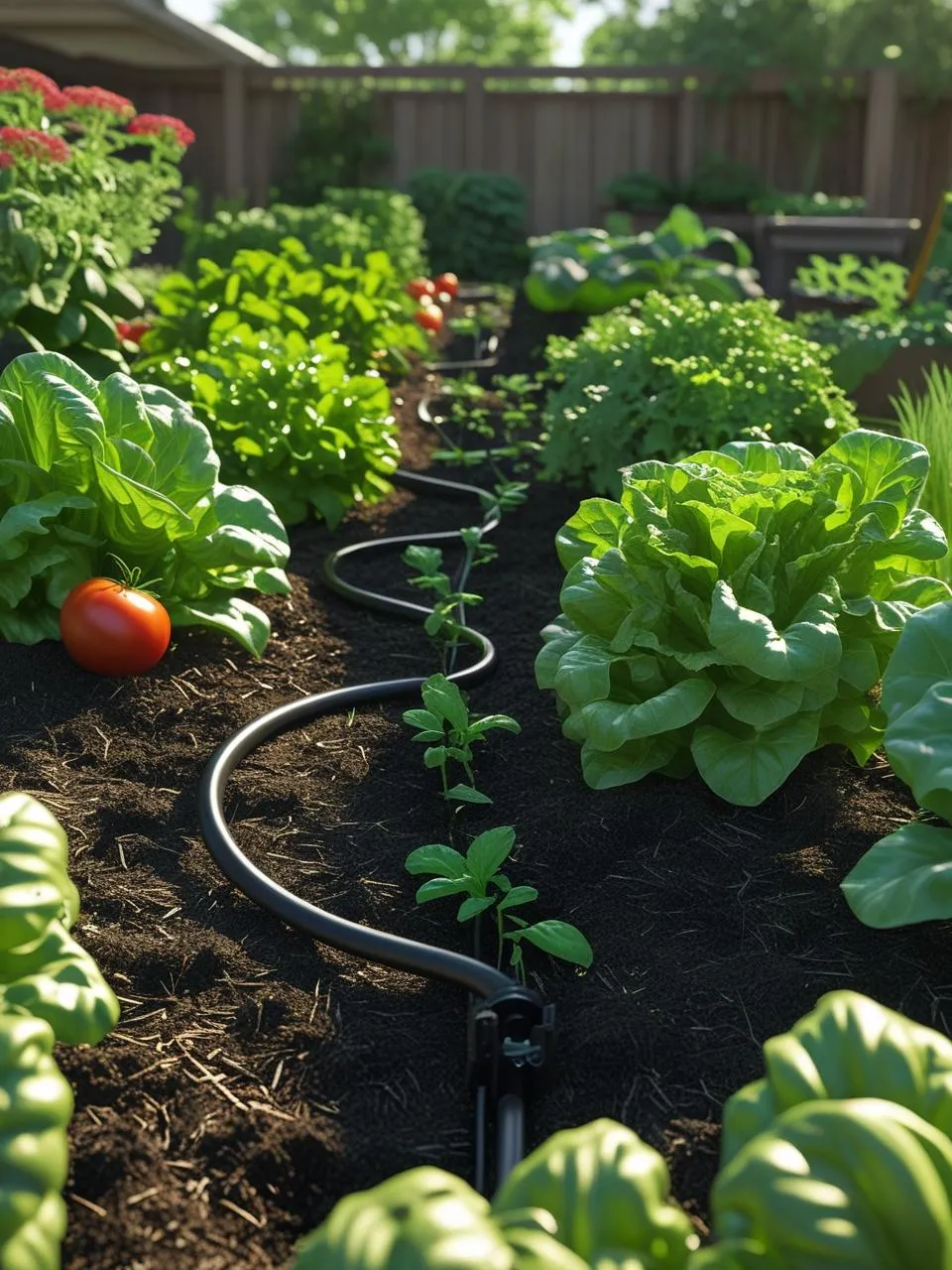Wide garden bed being irrigated with a soaker hose system, surrounded by lush vegetables in sunlight