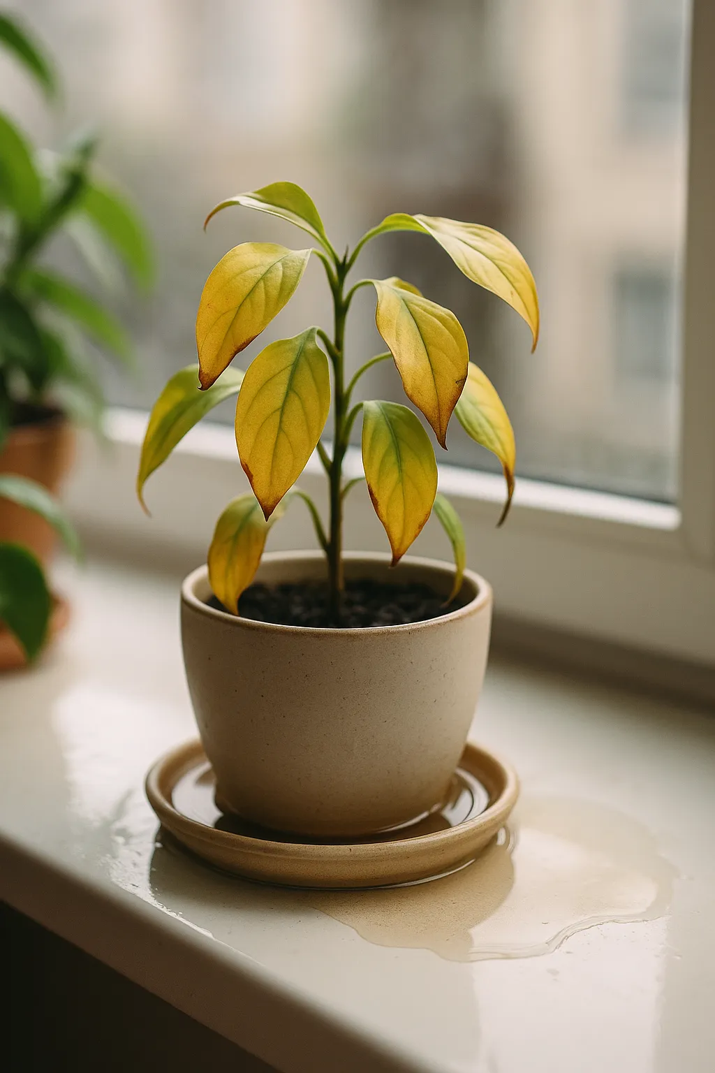 Sad houseplant with yellowing leaves in a waterlogged pot, sitting on a windowsill with water pooling around the base