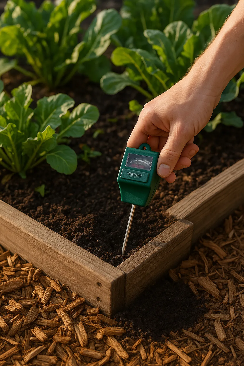 Raised garden bed with mulch and a hand using moisture meter or screwdriver to test soil depth
